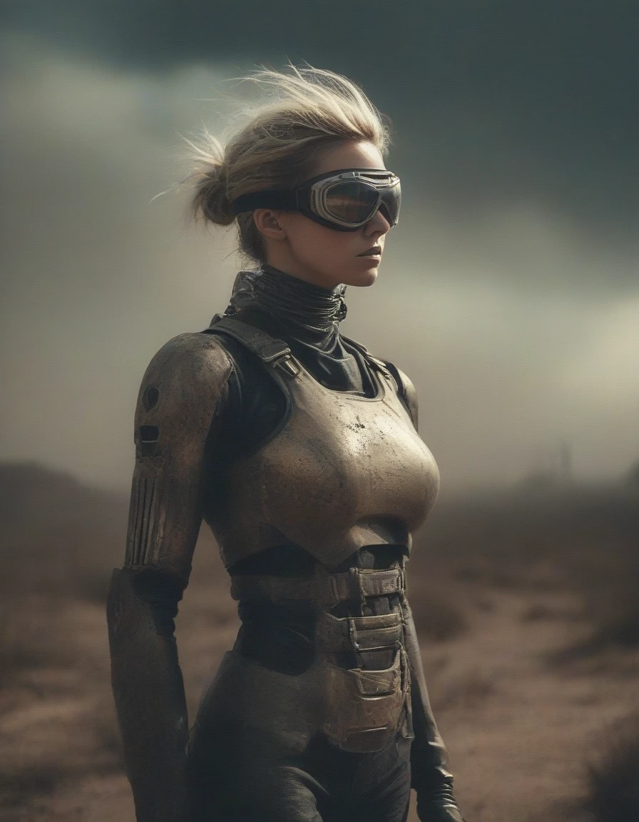 a post-apocalyptic desert landscape, a woman with a bionic arm, fierce expression, leather outfit, goggles, scavenging for resources, rusted vehicles, dust storm, dramatic lighting, gritty, cinematic composition, muted color palette, (best quality,4k,8k,highres,masterpiece:1.2),ultra-detailed,(realistic,photorealistic,photo-realistic:1.37),cinematic,dystopian,post-apocalyptic