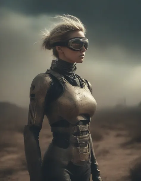 a post-apocalyptic desert landscape, a woman with a bionic arm, fierce expression, leather outfit, goggles, scavenging for resou...