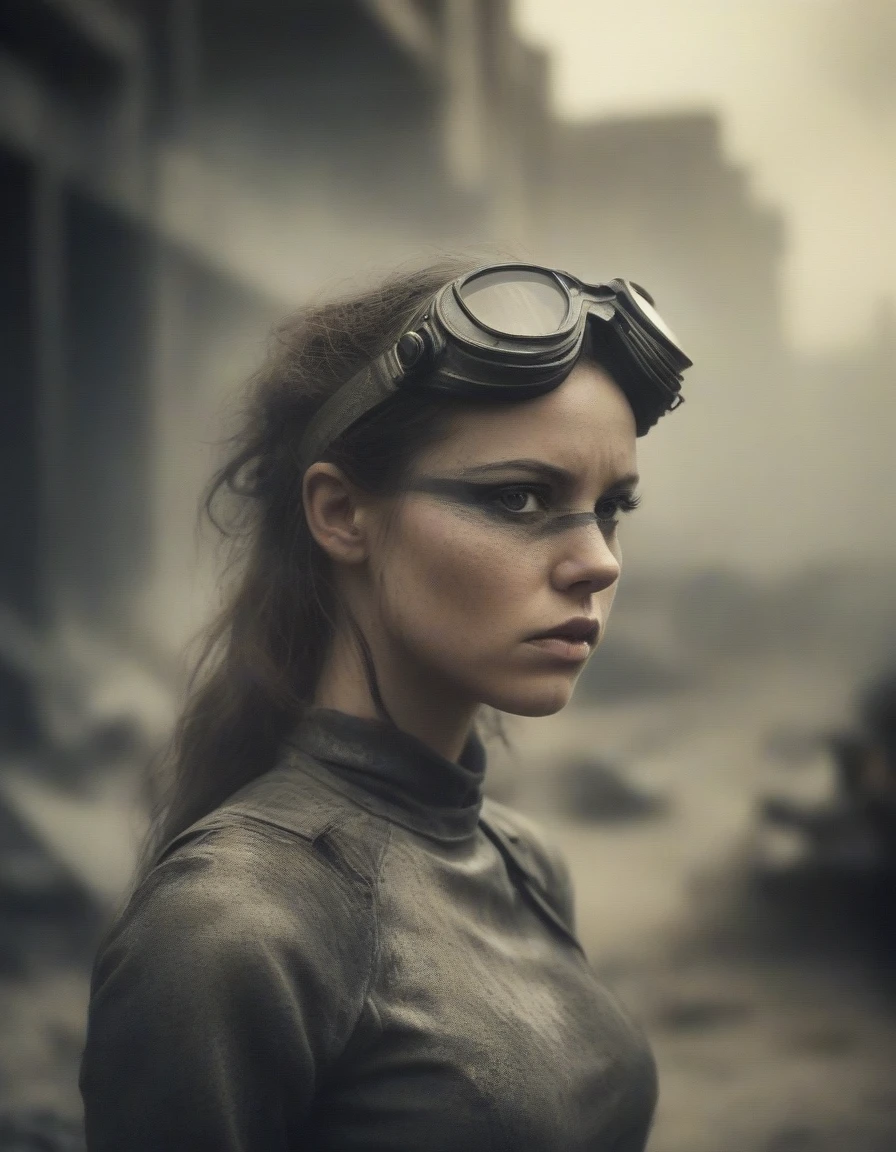 a post-apocalyptic desert landscape, a woman with a bionic arm, fierce expression, leather outfit, goggles, scavenging for resources, rusted vehicles, dust storm, dramatic lighting, gritty, cinematic composition, muted color palette, (best quality,4k,8k,highres,masterpiece:1.2),ultra-detailed,(realistic,photorealistic,photo-realistic:1.37),cinematic,dystopian,post-apocalyptic