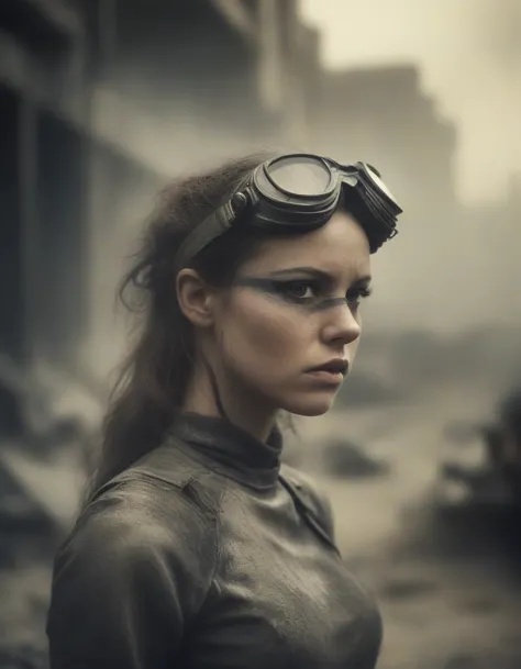 a post-apocalyptic desert landscape, a woman with a bionic arm, fierce expression, leather outfit, goggles, scavenging for resou...