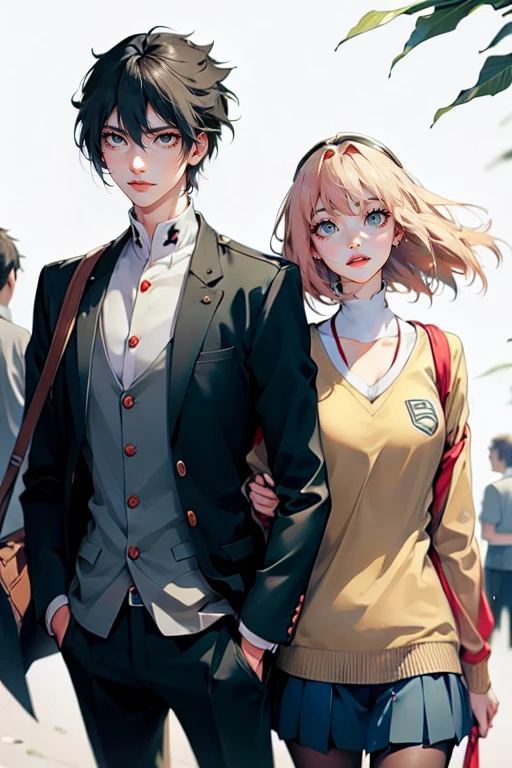 , a tall, messy black-haired man wearing a , is a student, with his hands in his pockets. , a thin woman with long blonde hair, green eyes, cheerleader. best quality, adorable, ultra-detailed, illustration, complex, detailed, extremely detailed, detailed face, soft light, soft focus, perfect face. In love, illustration. two people, couple,