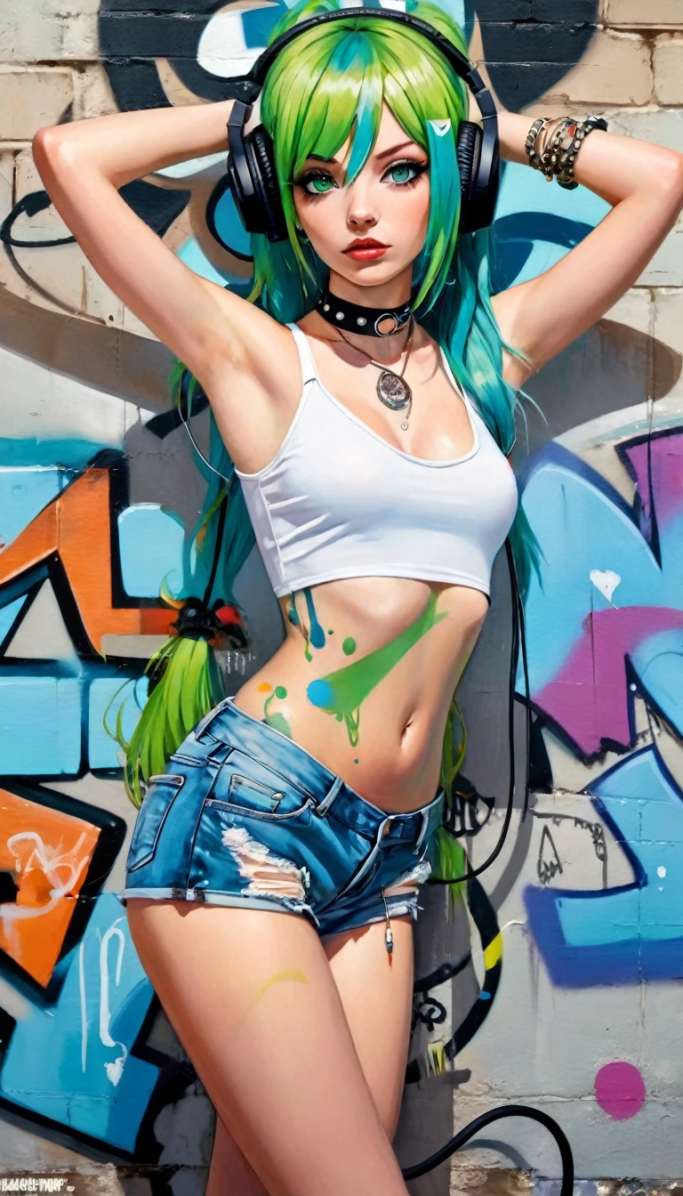 Masterpiece, best quality, 1 girl, alone, crop top, denim shorts, choker, (painted:1.5), graffiti on wall, punk look, arms behind the back, marked nipples, plain top, against the wall, looking to viewer, bracelet, thigh strap, body paint, head tilt, bored, green hair, aquamarine eyes, headphones, ,(art inspired in mike del Mundo). oil painting) 