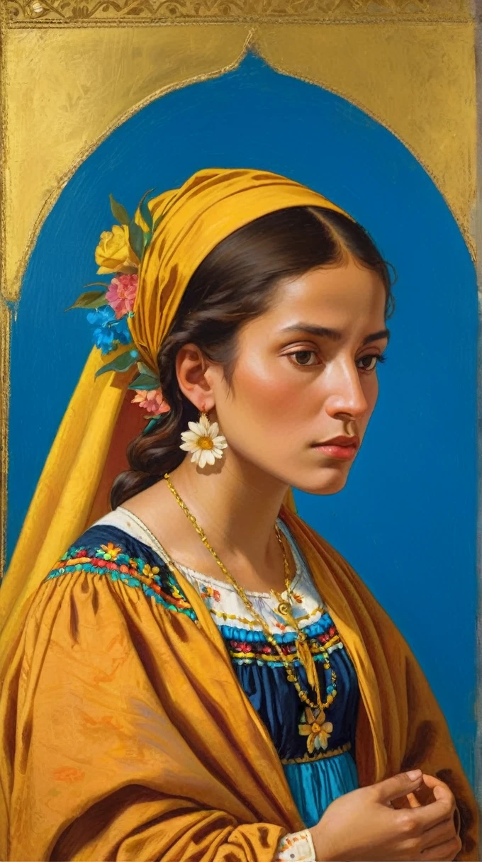 The portrait of a beautiful poorly dressed woman, as a 19th century Mexican peasant, with a blue background and golden earth and flying flowers, all in the style of Giovanni Bellini&#39;s painting and an oil painting on panel.