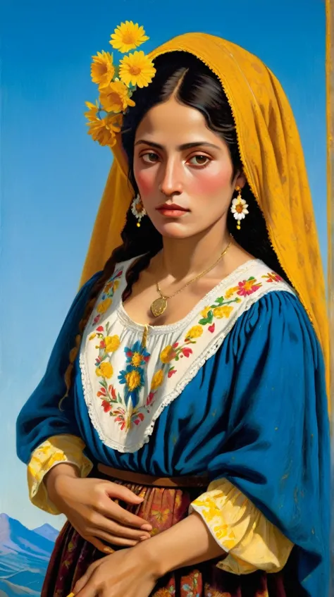 the portrait of a beautiful poorly dressed woman, as a 19th century mexican peasant, with a blue background and golden earth and...