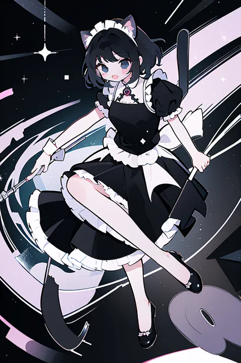 masterpiece, Highest quality, High Resolution, One Girl, solo,  whole body、Maid, Cat ears, black eyes, Black Hair,  Laughter, sk...