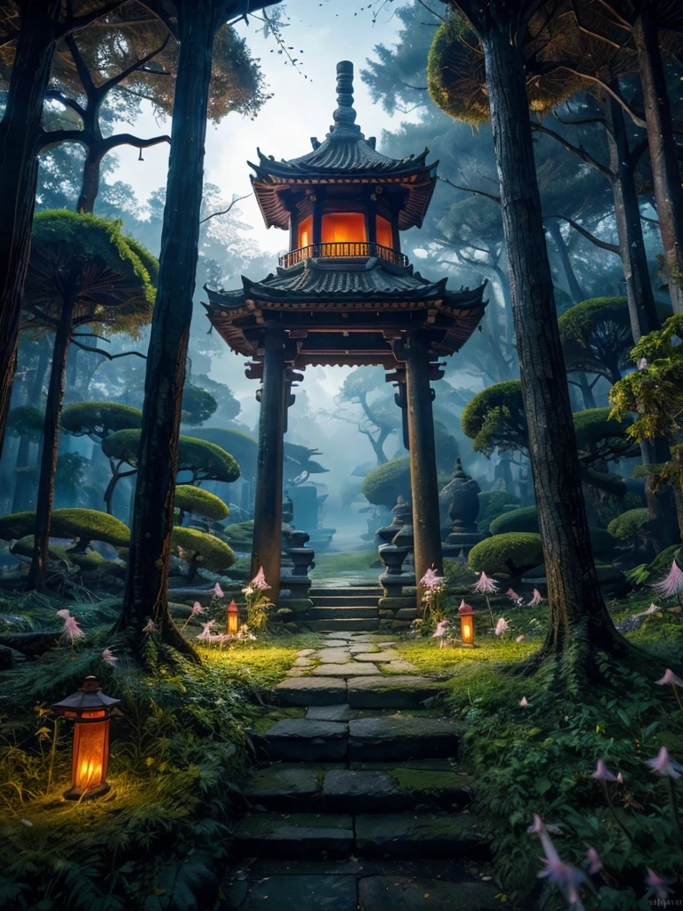 Masterpiece, best quality, 8K, high res, ultra-detailed, no humans, beautiful view, ultra -detailed, fine detailed, highly detailed, intricate, highly detailed, ultra-detailed, scenery, misty atmosphere, solitary, intricate details, delicate features, deep forest, wisps of light, pristine, japanese temple, mysticism, night, red lanterns burning, fireflies, fiery butterflies, gloomy atmosphere, temple in the forest, mossy stairway in the temple, mysterious forest, dilapidated temple, sanctuary, will-o'-the-wisps, dilapidated temple, field of spider lily flowers,wild nature oil painting