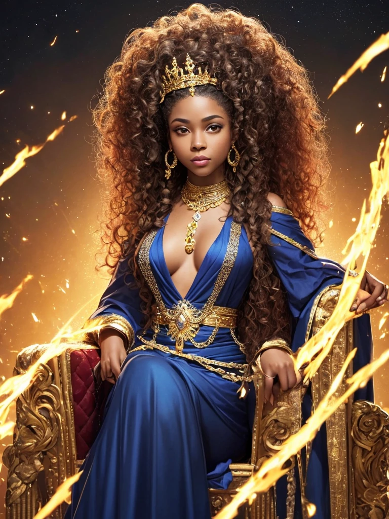 an Afro-descendant queen character on the throne,  with curly hair, wearing long dark clothes, personality would be, with a diamond crown on her head, wearing gold jewelry, burning starry sky all around
