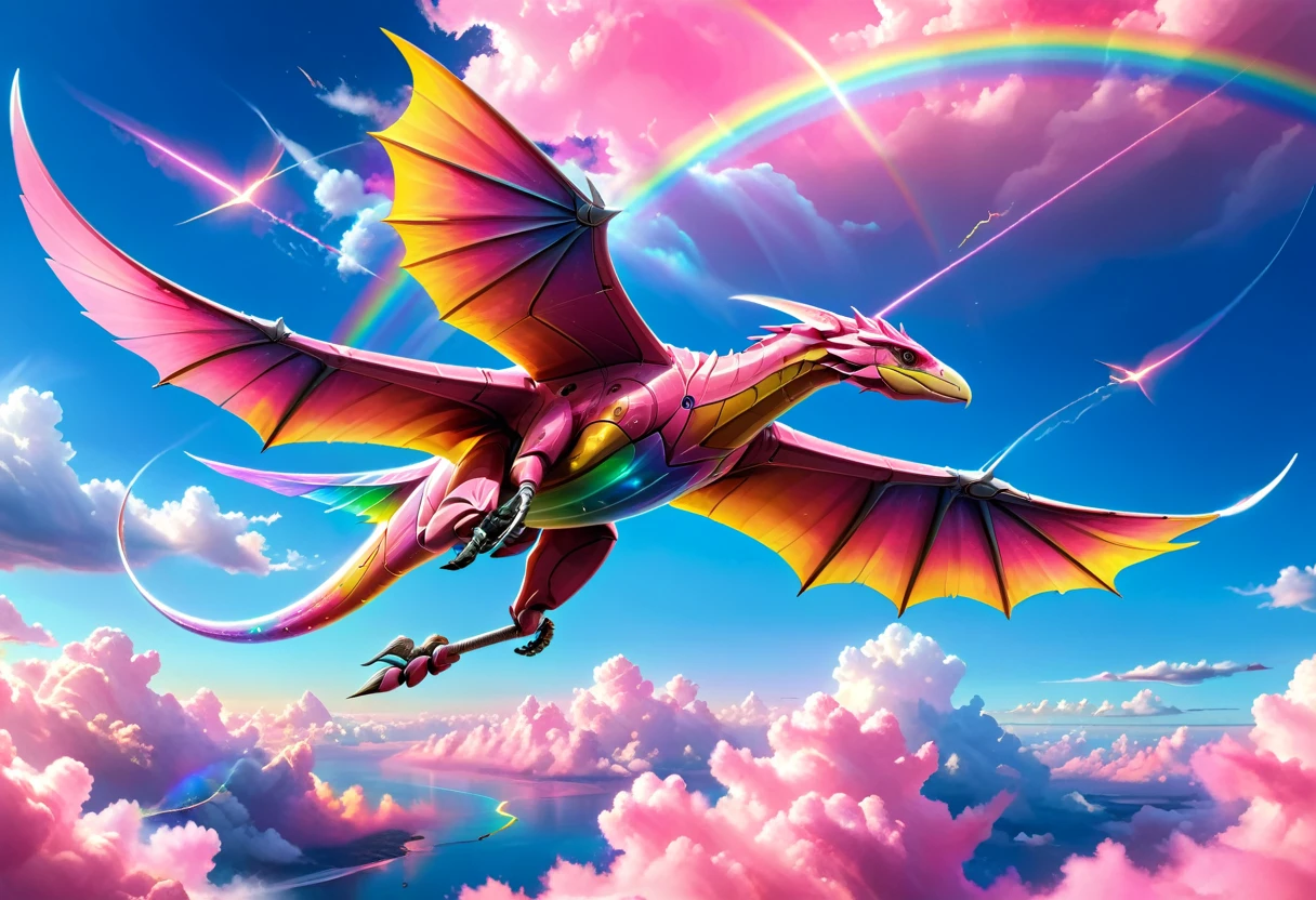 a National Geographic, an award winning picture of a pink mech Pterosaur flying in the sky near a rainbow, dynamic sky background, (masterpiece: 1.4) intense details, highly detailed, photorealistic, best quality, highres,16k, [ultra detailed], masterpiece, best quality, (extremely detailed), ultra wide shot, photorealistic, RAW, realistic art,((best quality)), ((masterpiece)), (detailed: 1.5) ral-czmcrnbw