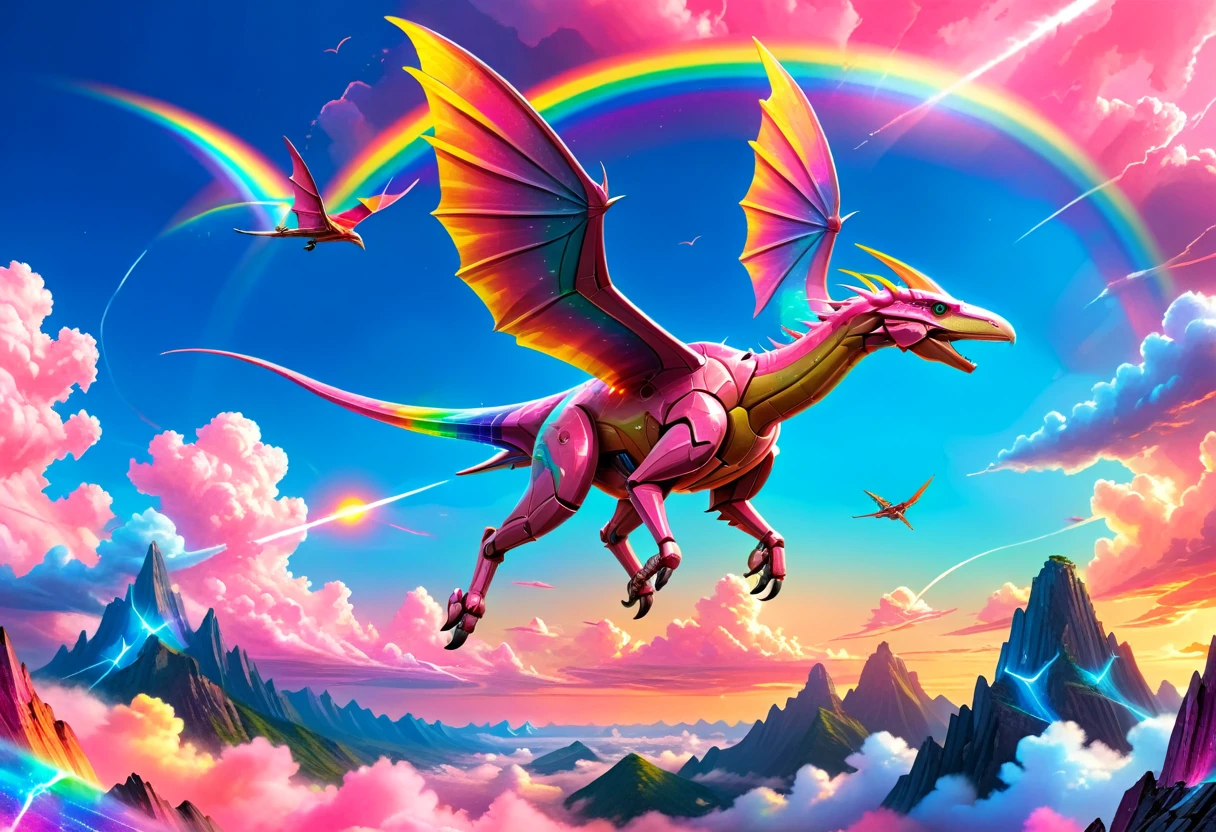 a National Geographic, an award winning picture of a pink mech Pterosaur flying in the sky near a rainbow, dynamic sky background, (masterpiece: 1.4) intense details, highly detailed, photorealistic, best quality, highres,16k, [ultra detailed], masterpiece, best quality, (extremely detailed), ultra wide shot, photorealistic, RAW, realistic art,((best quality)), ((masterpiece)), (detailed: 1.5) ral-czmcrnbw