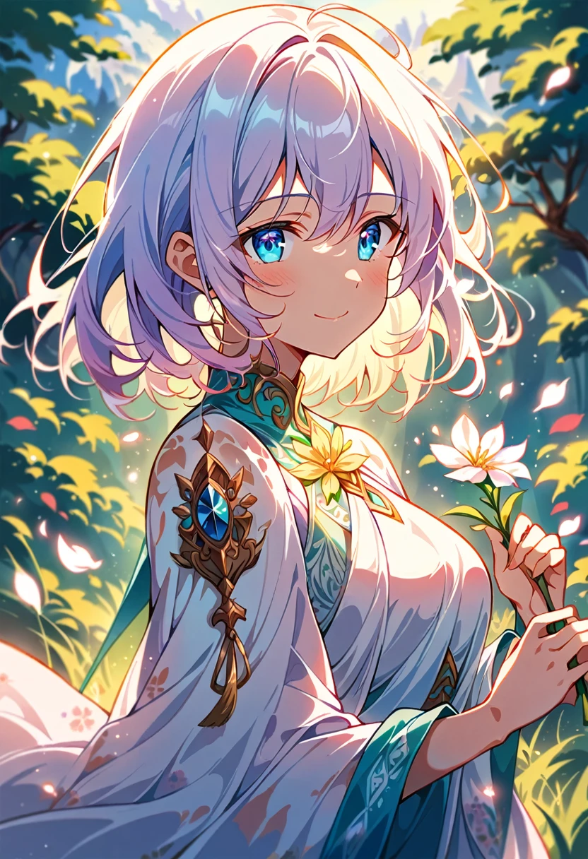 masterpiece, ultra detailed, 1 girl, representation of the day, sky blue eyes, bright white hair like sunlight, holding a beautiful spring flower, smile of peace, goddess of light clothing