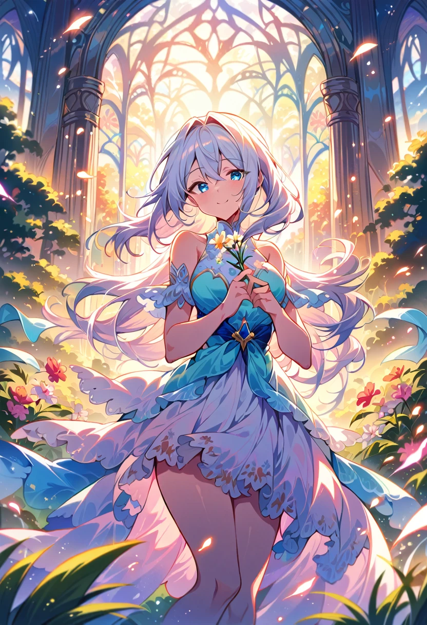 masterpiece, ultra detailed, 1 girl, representation of the day, sky blue eyes, bright white hair like sunlight, holding a beautiful spring flower, smile of peace, goddess of light clothing