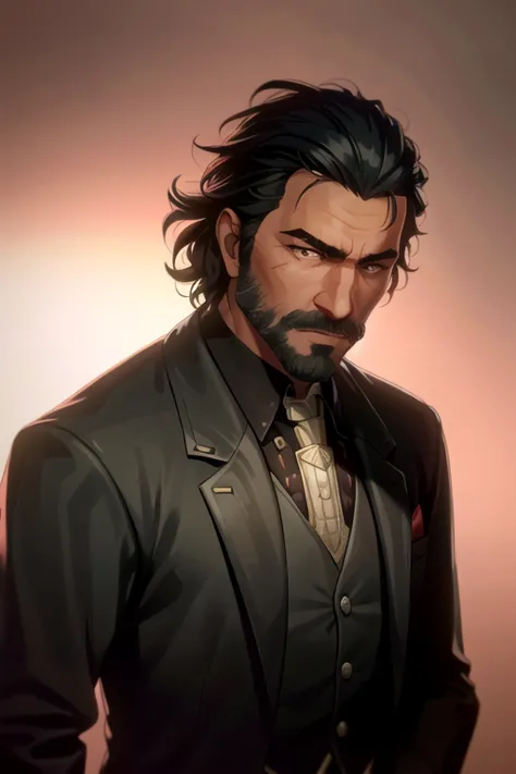 arcane style, (1boy), dutch van der linde (red dead redemption 2), male focus, facial hair, solo, red background, black hair, sh...