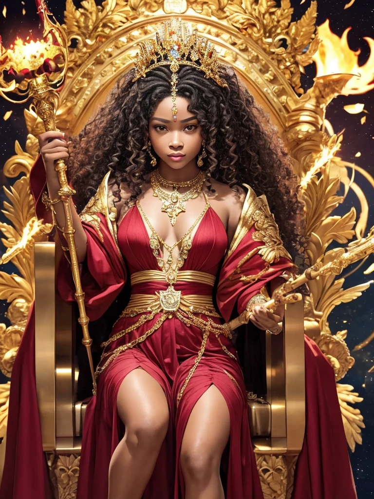 uma personagem rainha afrodescendente no trono segurando um cajado, com cabelos cacheados, vestindo roupas longas vermelhas, personalidade seria, com uma coroa de diamantes na cabeça, usando jóias de ouro, céu estrelado queimando ao redor