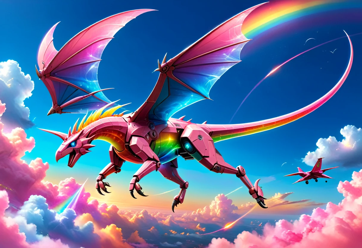 a National Geographic, an award winning picture of a pink mech Pterosaur flying in the sky near a rainbow, dynamic sky background, (masterpiece: 1.4) intense details, highly detailed, photorealistic, best quality, highres,16k, [ultra detailed], masterpiece, best quality, (extremely detailed), ultra wide shot, photorealistic, RAW, realistic art,((best quality)), ((masterpiece)), (detailed: 1.5) ral-czmcrnbw