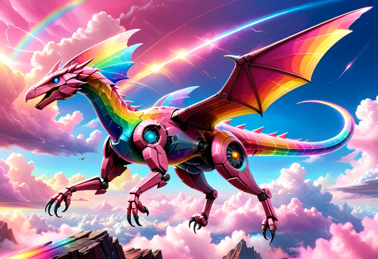 a National Geographic, an award winning picture of a pink mech Pterosaur flying in the sky near a rainbow, dynamic sky background, (masterpiece: 1.4) intense details, highly detailed, photorealistic, best quality, highres,16k, [ultra detailed], masterpiece, best quality, (extremely detailed), ultra wide shot, photorealistic, RAW, realistic art,((best quality)), ((masterpiece)), (detailed: 1.5) ral-czmcrnbw