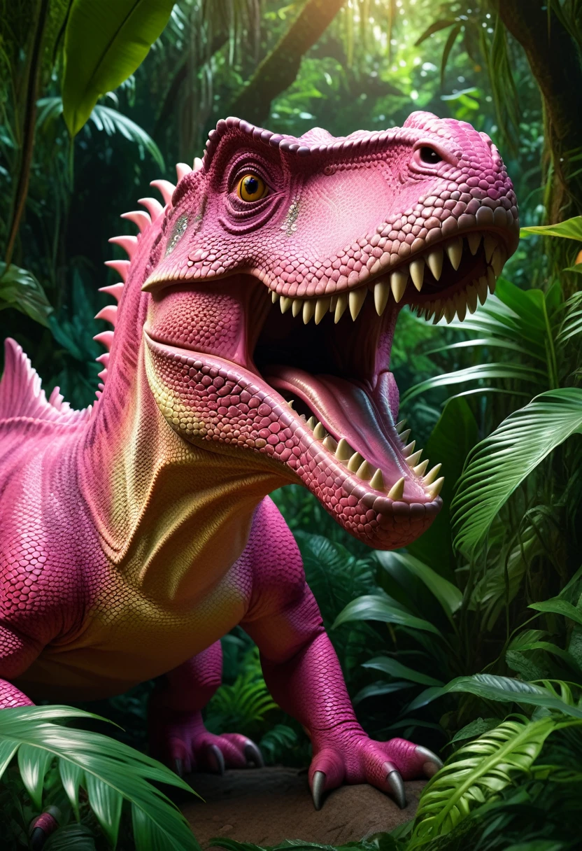 A pink dinosaur, hyperrealistic, highly detailed, intricate scales, sharp teeth, intense gaze, surrounded by lush jungle foliage, warm lighting, vibrant colors, photorealistic, 8k, best quality, masterpiece