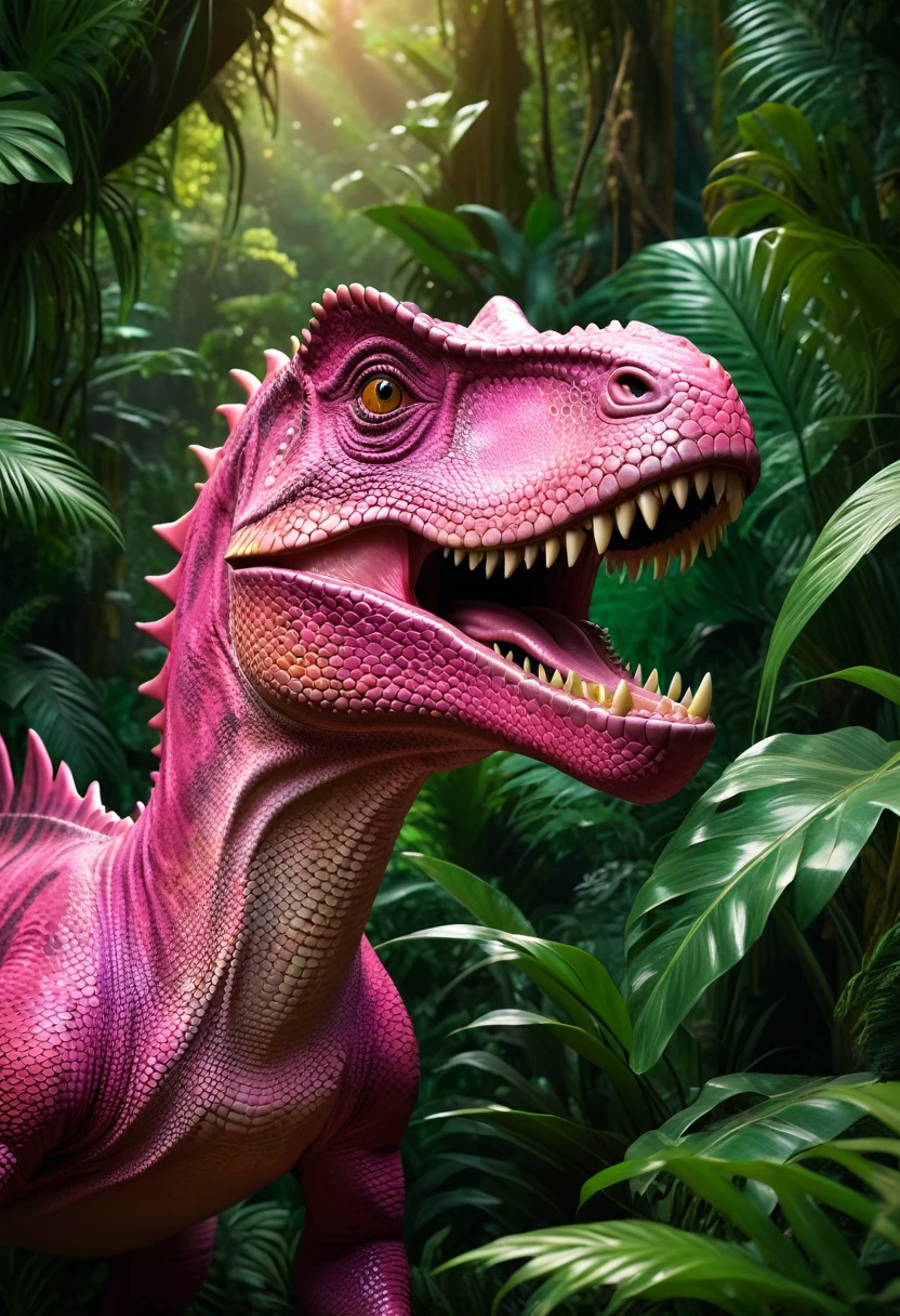 A pink dinosaur, hyperrealistic, highly detailed, intricate scales, sharp teeth, intense gaze, surrounded by lush jungle foliage, warm lighting, vibrant colors, photorealistic, 8k, best quality, masterpiece