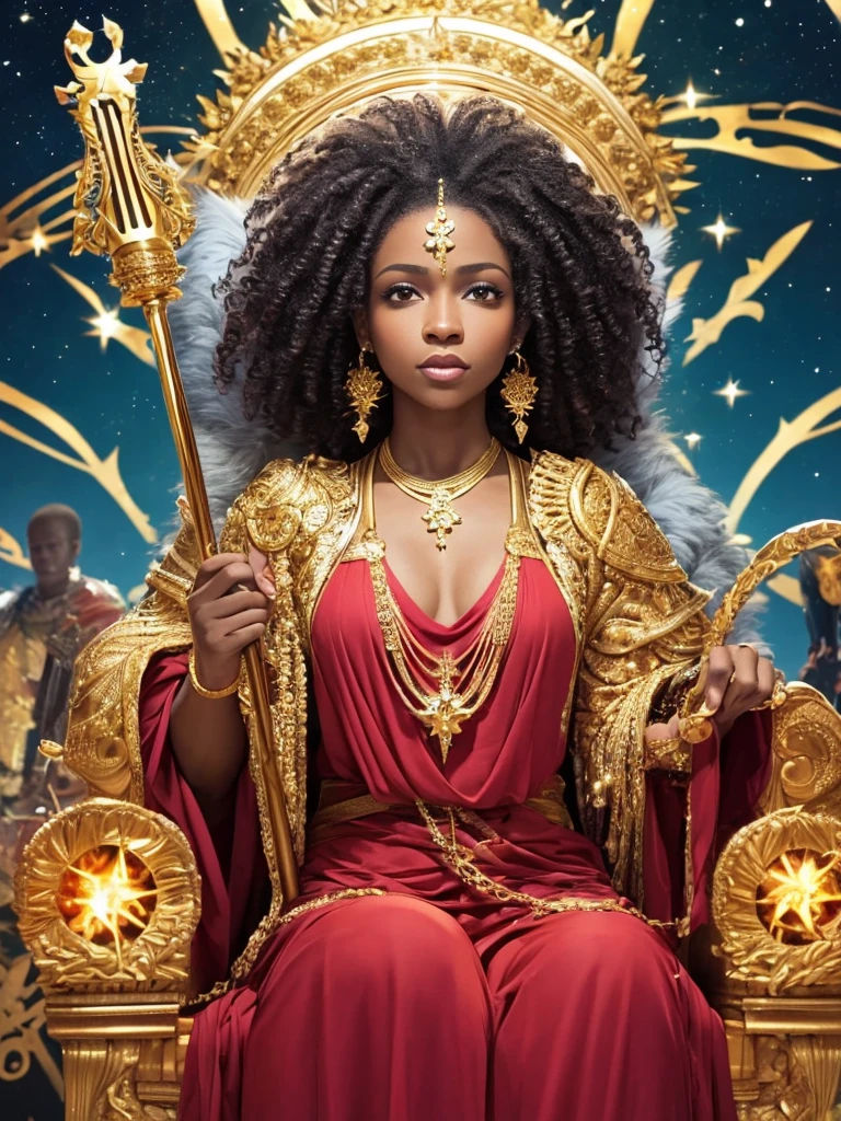 王座上手持權杖的非裔成年女王角色, 捲髮, 穿著紅色長衣, 個性將是, 頭上戴著鑽石王冠, 配戴黃金首飾, 四周燃燒的星空