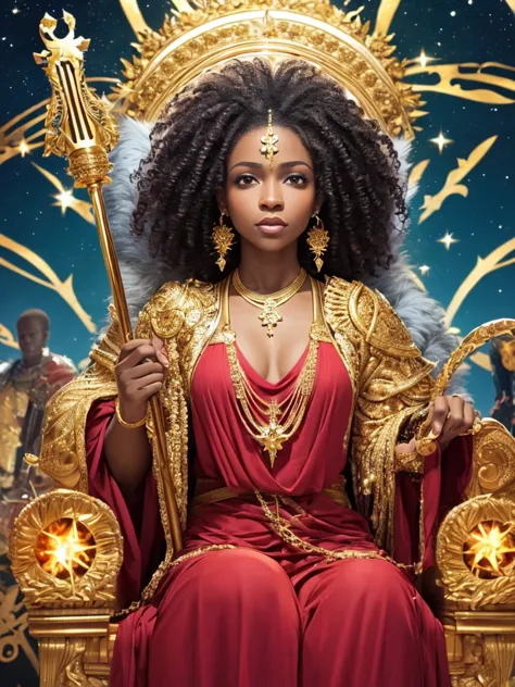 an adult queen character of African descent on the throne holding a staff, with curly hair, wearing red long clothes, personalit...
