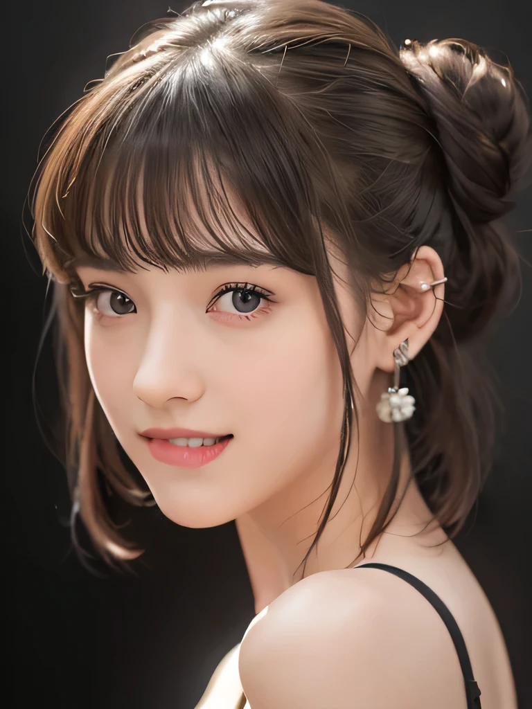 A very cute german girl, 15 years old, short brunette hair, buns, bangs, sad smile, a lot of ear piercings, Ultra high res, uhd, (photorealistic:1.4), wearing tube top