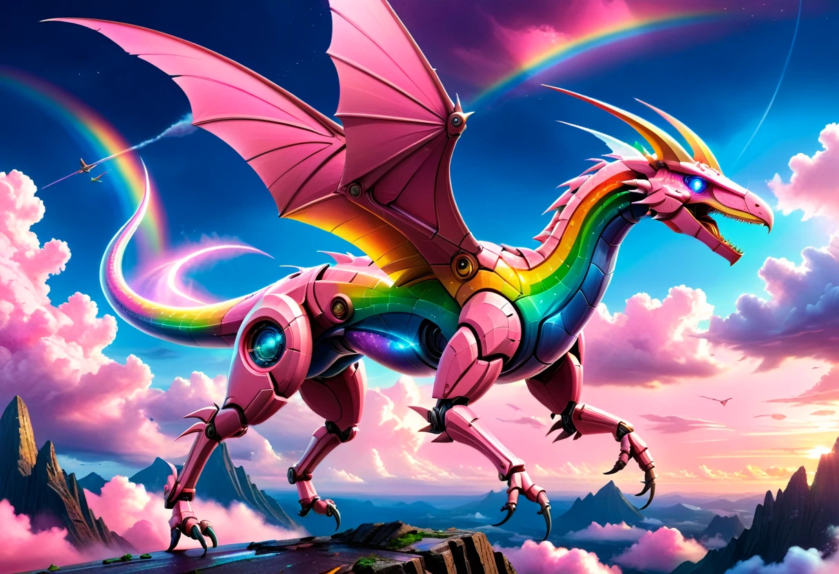 a National Geographic, an award winning picture of a pink mech Pterosaur flying in the sky near a rainbow, dynamic sky background, (masterpiece: 1.4) intense details, highly detailed, photorealistic, best quality, highres,16k, [ultra detailed], masterpiece, best quality, (extremely detailed), ultra wide shot, photorealistic, RAW, realistic art,((best quality)), ((masterpiece)), (detailed: 1.5) ral-czmcrnbw
