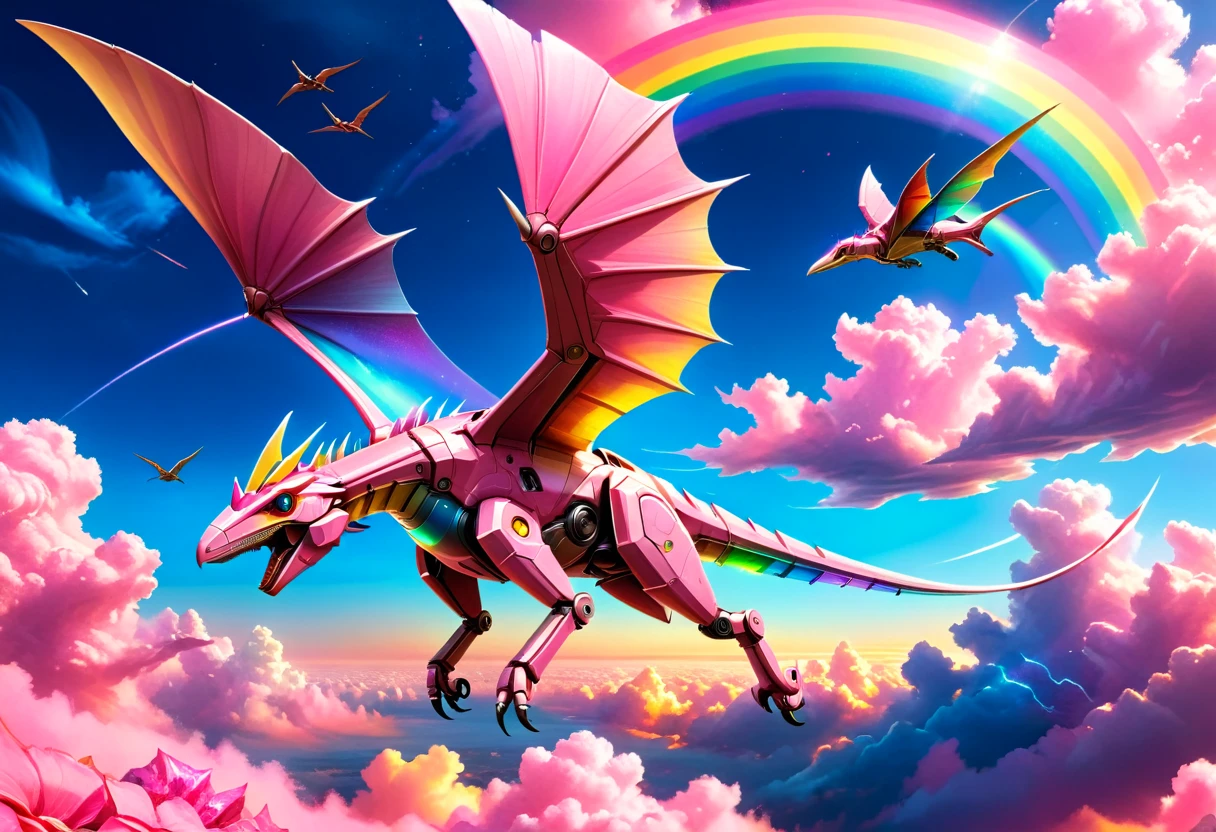 a National Geographic, an award winning picture of a pink mech Pterosaur flying in the sky near a rainbow, dynamic sky background, (masterpiece: 1.4) intense details, highly detailed, photorealistic, best quality, highres,16k, [ultra detailed], masterpiece, best quality, (extremely detailed), ultra wide shot, photorealistic, RAW, realistic art,((best quality)), ((masterpiece)), (detailed: 1.5) ral-czmcrnbw