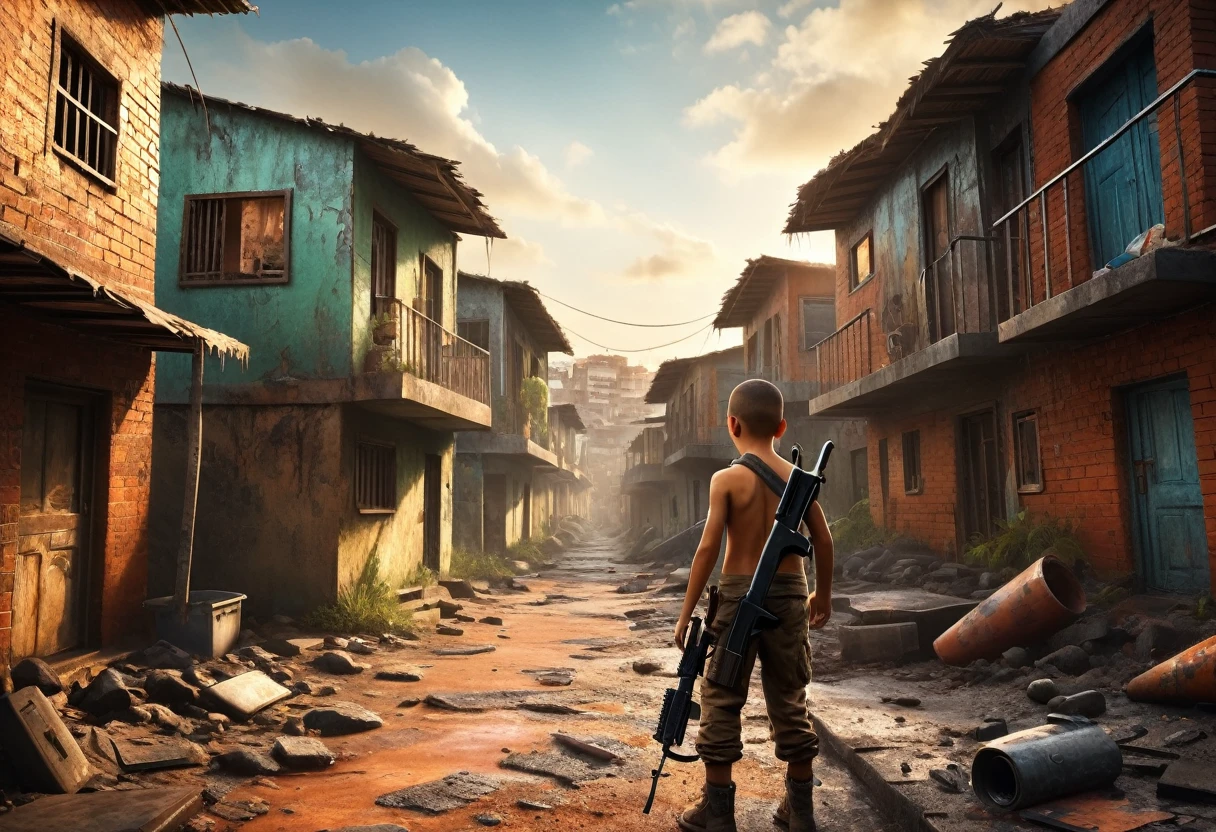 image depicting the favela, in a post-apocalyptic world, boy with gun (ak47), ak 47, shirtless boy, with scar, full body image, (extremely detailed CG unit 8K wallpaper, art, best quality, ultra -detailed, hdr :1.2), in slippers, background of houses one below the other, brick, mud floor, scar on the leg, house hallway, defiant look, apocalyptic scenario, fear, relista.