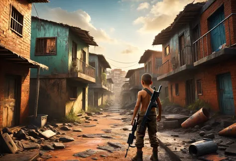image depicting the favela, in a post-apocalyptic world, boy with gun (ak47), ak 47, shirtless boy, with scar, full body image, ...