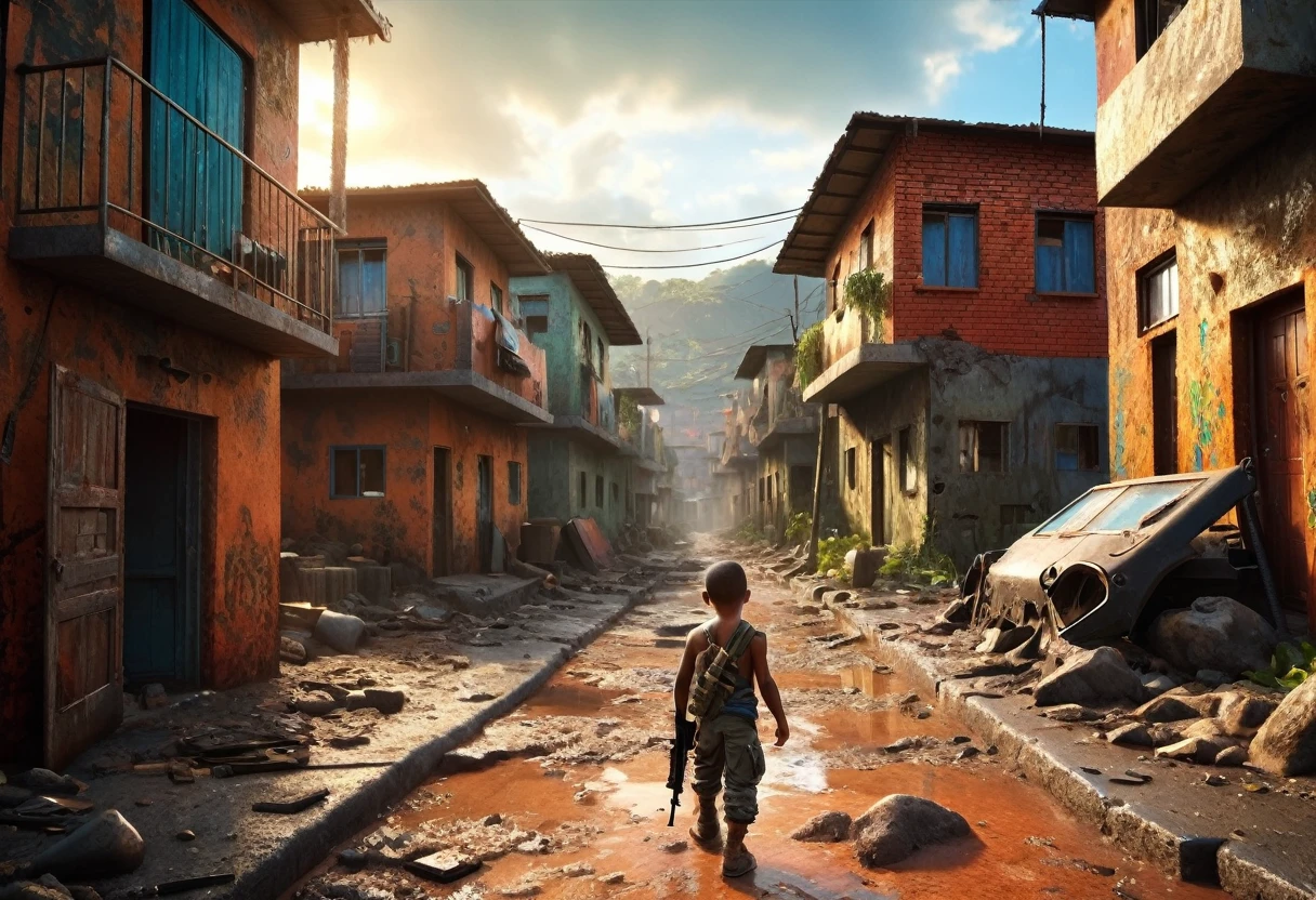 image depicting the favela, in a post-apocalyptic world, boy with gun (ak47), ak 47, shirtless boy, with scar, full body image, (extremely detailed CG unit 8K wallpaper, art, best quality, ultra -detailed, hdr :1.2), in slippers, background of houses one below the other, brick, mud floor, scar on the leg, house hallway, defiant look, apocalyptic scenario, fear, relista.