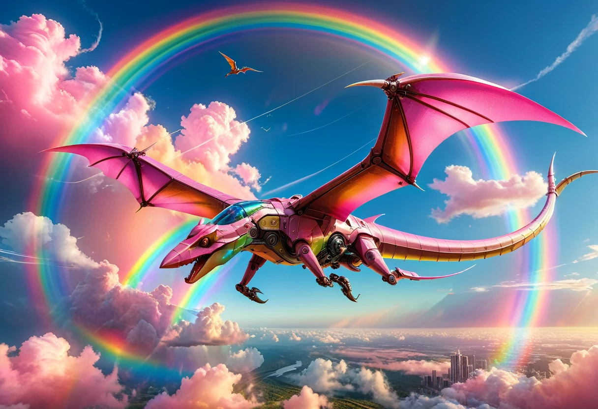 a National Geographic, an award winning picture of a pink mech Pterosaur flying in the sky near a rainbow, dynamic sky background, (masterpiece: 1.4) intense details, highly detailed, photorealistic, best quality, highres,16k, [ultra detailed], masterpiece, best quality, (extremely detailed), ultra wide shot, photorealistic, RAW, realistic art,((best quality)), ((masterpiece)), (detailed: 1.5) ral-czmcrnbw