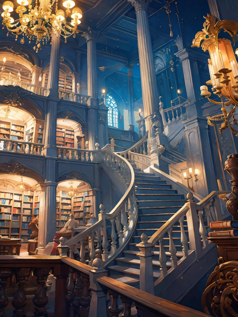 Livraria, estantes, Escada em forma de T, um lindo lustre