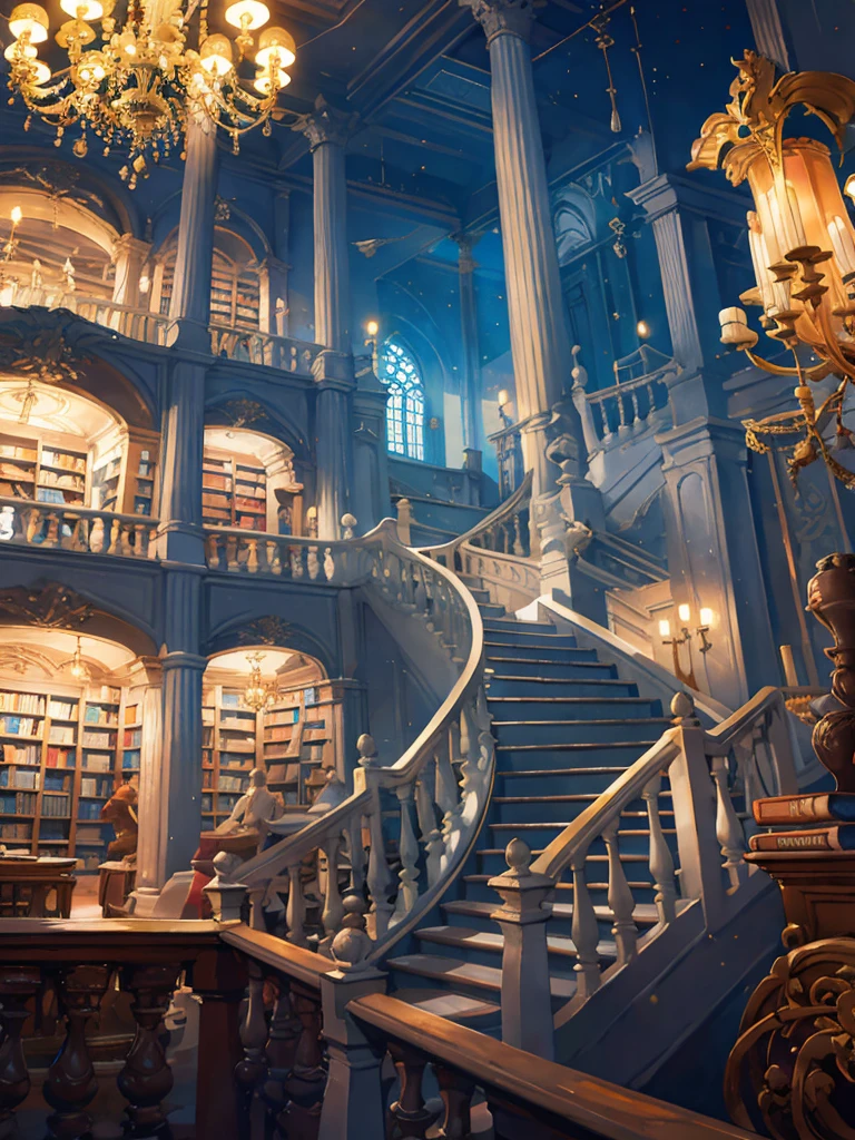 librairie, bibliothèques, Escalier en T, un magnifique lustre