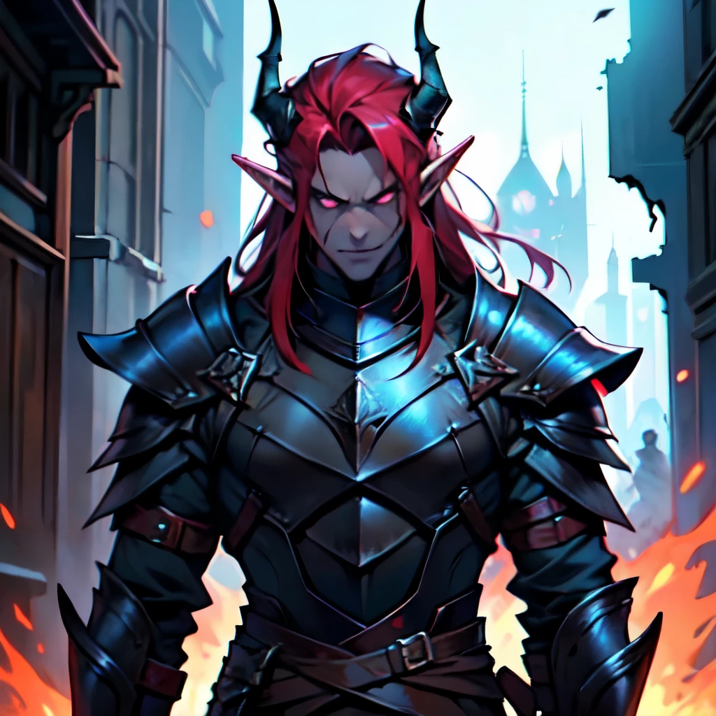 ((Masterpiece, best_quality)) 1_Male_elf_warrior, solo with a kind_expression. He has long_messy_maroon_hair and black_demon_horns_extend_from_forehead_sweeping_backwards. He has emerald_eyes and pointy_ears. pale_white_skin_with_heavy_scaring and a gaunt_face. He wears an ebony_steel_breastplate with ebony_steel_pauldrons alongside ebony_steel_gauntlets and ebony_steel_greaves. He stands in a dark_ancient_ruin with no light. upper_body, high_detail