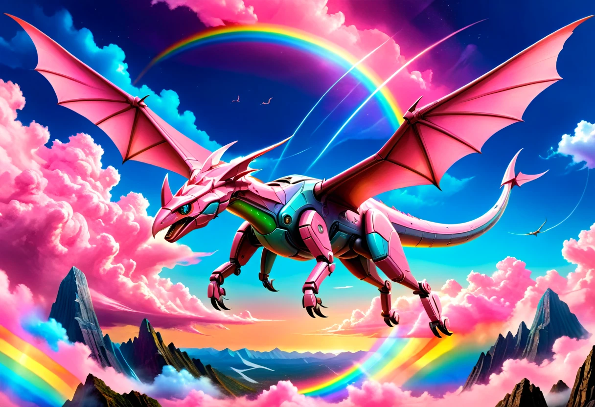 a National Geographic, an award winning picture of a pink mech Pterosaur flying in the sky near a rainbow, dynamic sky background, (masterpiece: 1.4) intense details, highly detailed, photorealistic, best quality, highres,16k, [ultra detailed], masterpiece, best quality, (extremely detailed), ultra wide shot, photorealistic, RAW, realistic art,((best quality)), ((masterpiece)), (detailed: 1.5) ral-czmcrnbw