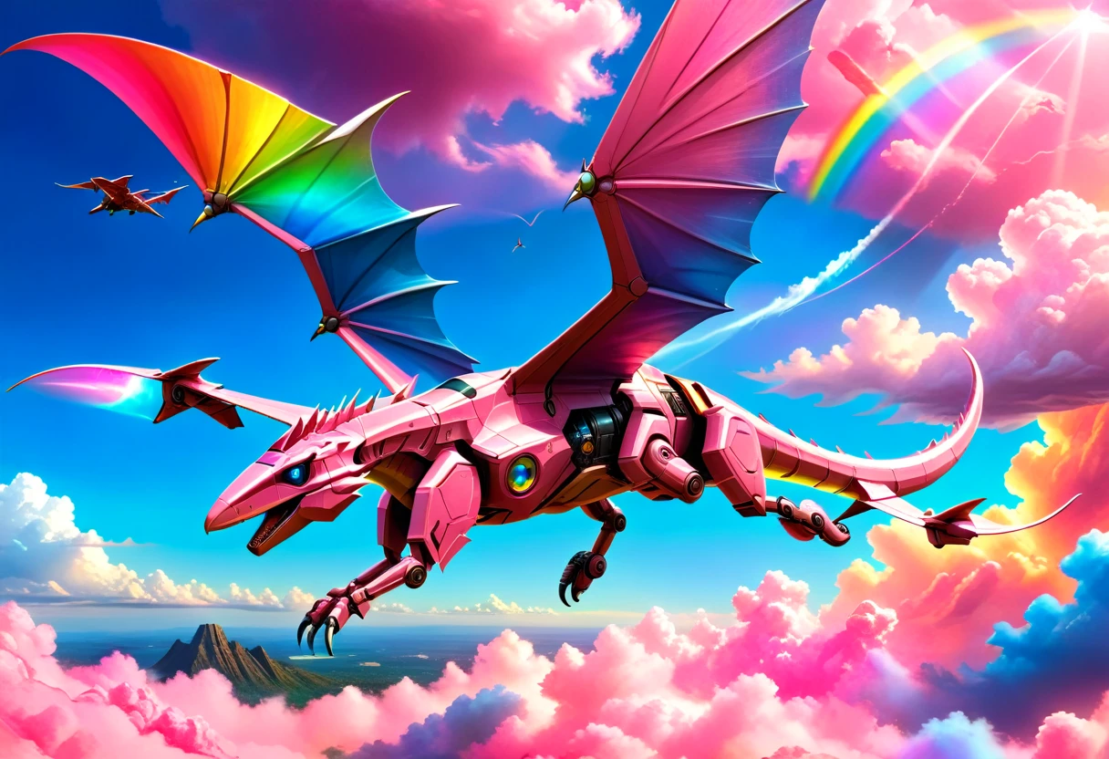 a National Geographic, an award winning picture of a pink mech Pterosaur flying in the sky near a rainbow, dynamic sky background, (masterpiece: 1.4) intense details, highly detailed, photorealistic, best quality, highres,16k, [ultra detailed], masterpiece, best quality, (extremely detailed), ultra wide shot, photorealistic, RAW, realistic art,((best quality)), ((masterpiece)), (detailed: 1.5) ral-czmcrnbw