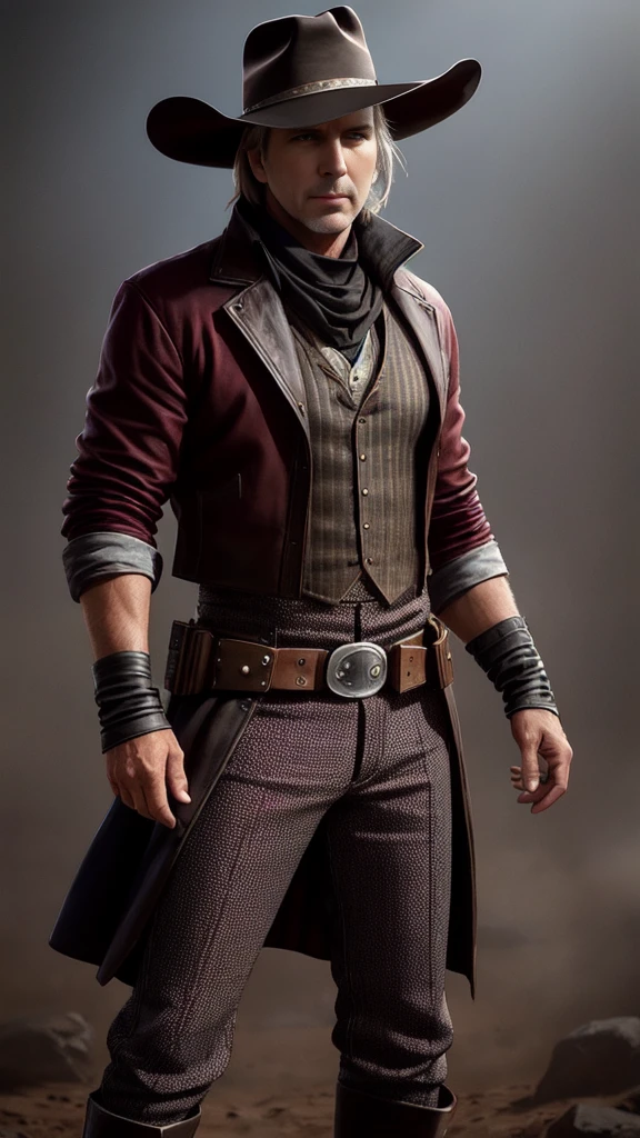 (Kevin Costner) als Erron Black aus Mortal Kombat, kastanienbraunes Cowboy-Outfit, Cowboy-Hut, 2 Revolver, 1 Mann, Allein, Ganzkörperansicht, Vorderansicht, Betrachter betrachten, kompliziert, Hohe Detailliertheit, scharfer Fokus, dramatisch, fotorealistische Malereikunst von Greg Rutkowski