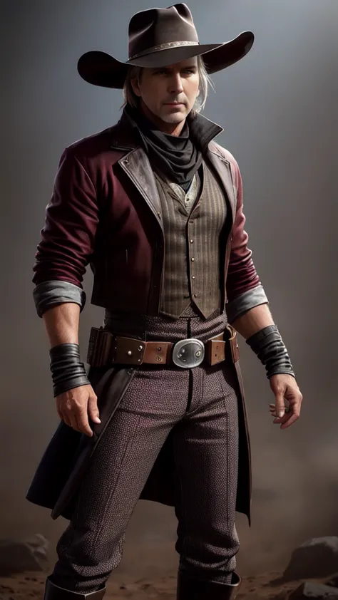 (Kevin Costner) as Erron Black from Mortal Kombat, maroon cowboy outfit, cowboy hat, 2 revolvers, 1man, solo, full body view, fr...