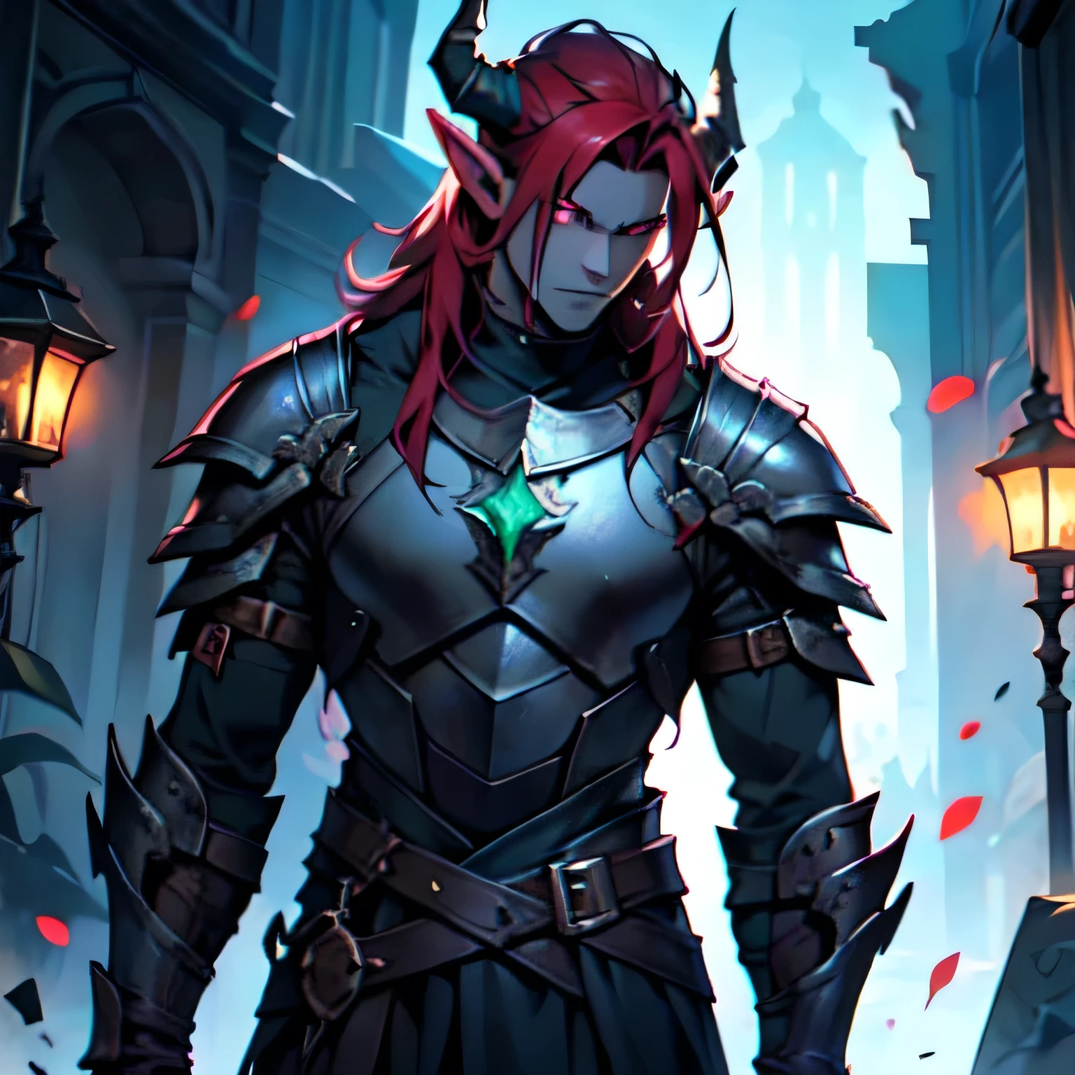 ((Masterpiece, best_quality)) 1_Male_elf_warrior, solo with a kind_expression. He has long_messy_maroon_hair and black_demon_horns_extend_from_forehead_sweeping_backwards. He has emerald_eyes and pointy_ears. pale_white_skin_with_heavy_scaring and a gaunt_face. He wears an ebony_steel_breastplate with ebony_steel_pauldrons alongside ebony_steel_gauntlets and ebony_steel_greaves. He stands in a dark_ancient_ruin with no light. upper_body, high_detail