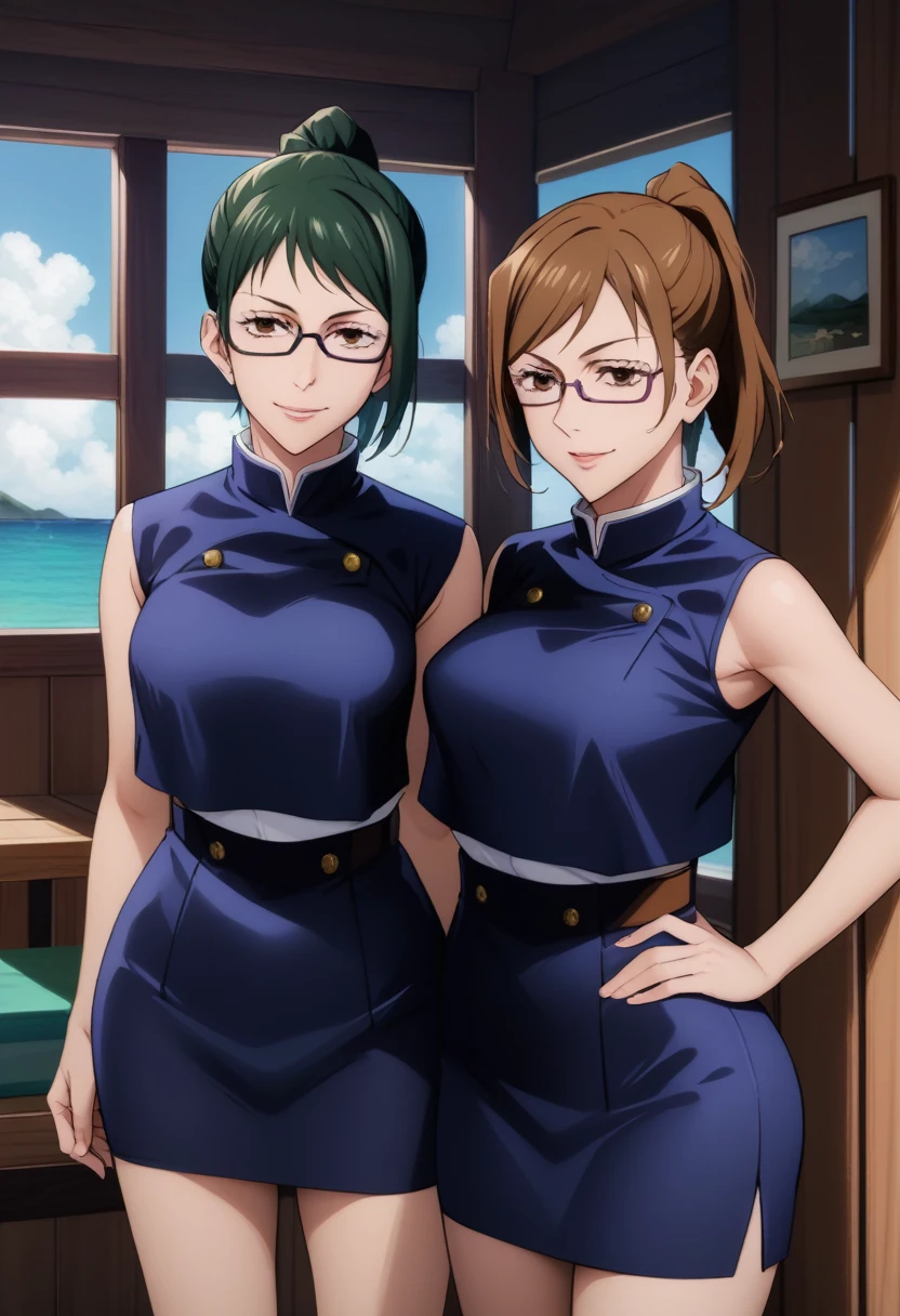 score_9_up, score_8_up, score_7_up, 2girls, mature females, Nobara Kugisaki and Maki Zenin, looking at viewer,(((first girl is Nobara has short brown hair, brown eyes, blue tight uniform with skirt))), (((second girl is Maki has green ponytail hair, glasses, yellow eyes, blue tight uniform with tight skirt))), naughty smiles, they are looking at viewer,((yacht cabin)), day time, standing tall in seductive poses