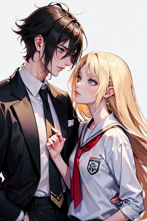 tall man, messy black-haired man wearing a , is a student, with his hands in his pockets. , a thin woman with long blonde hair, GREEN eyes, cheerleader. best quality, adorable, ultra-detailed, illustration, complex, detailed, extremely detailed, detailed face, soft light, soft focus, perfect face. In love, illustration. two people, couple,