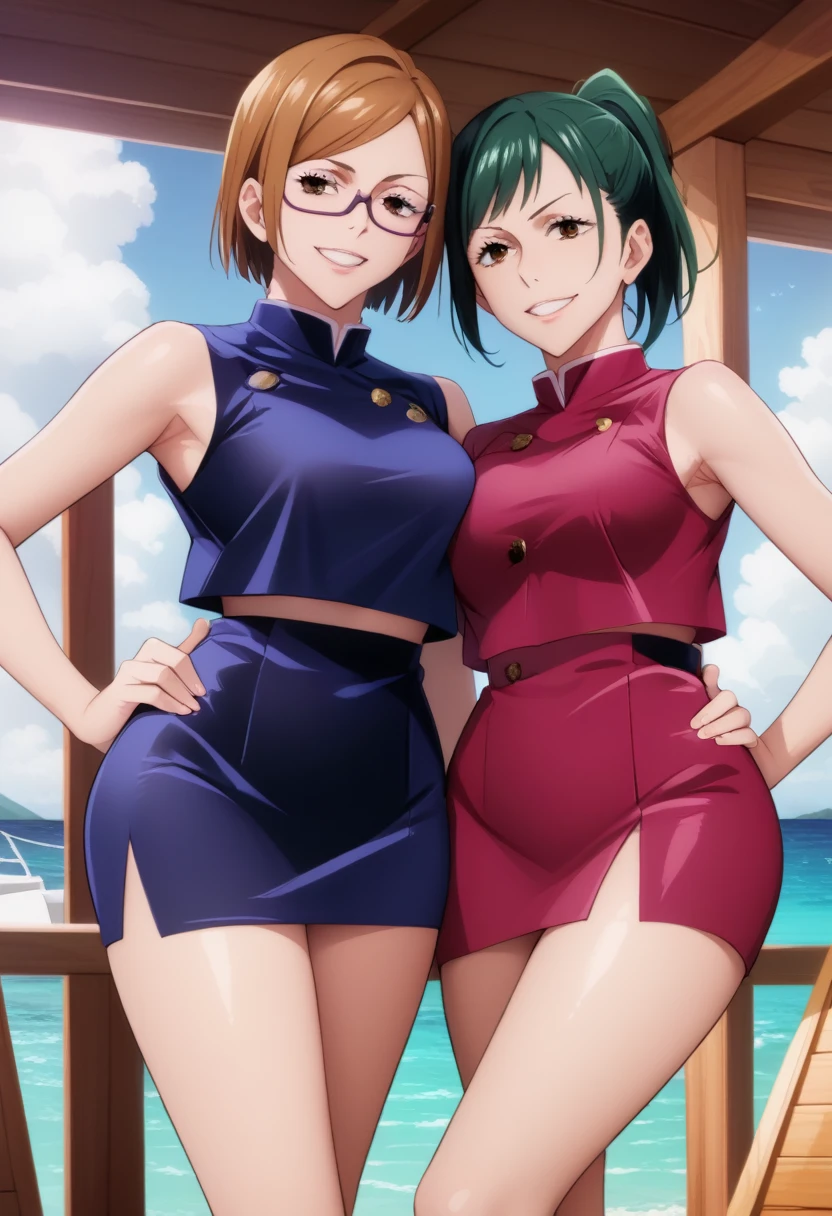 score_9_up, score_8_up, score_7_up, 2girls, mature females, (((Nobara Kugisaki and Maki Zenin))),(((First girl is Nobara has short brown bob hair, brown eyes, blue tight uniform with skirt))), (((Second girl is Maki has green ponytail hair, glasses, yellow eyes, blue tight uniform with tight skirt))), naughty smiles, they are looking at viewer,((yacht cabin)), day time, standing tall in seductive poses