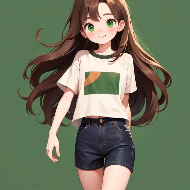 brown Hair, Long Hair, Green Eyes, Very short stature，Thin thighs，Flat Chest，Portraiture，Girl，brown, Happy, small, Short oversized T-shirt，