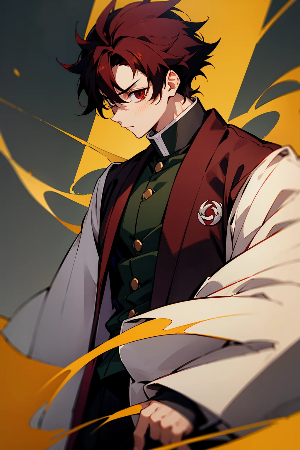 1male , Young Male , Black Button up Turtleneck , Demon Slayer Uniform , White Haori with yellow a accents worn over , Oumbre Hair , Black Hair , Crimson red highlighted hair , Low cut messy hair 