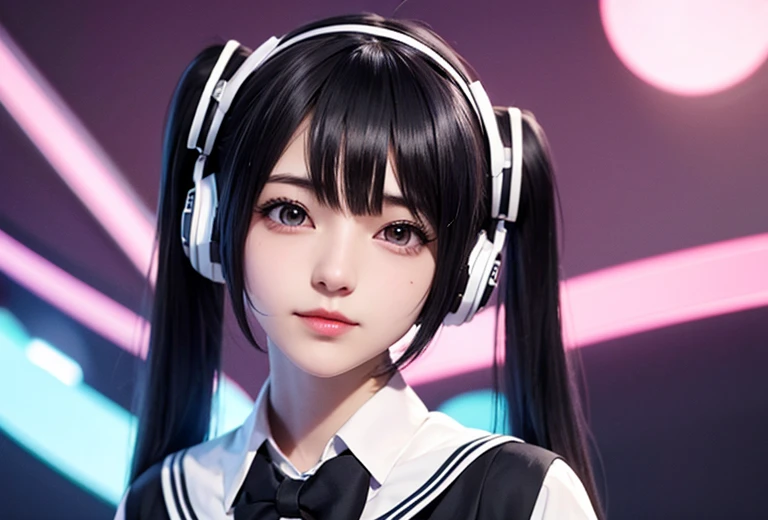 cosplay hatsune-miku、pelo negro、cabello corto、el pelo es muy corto、colas gemelas、tengo auriculares puestos、3、cantando una canción con un micrófono、falda plisada、Traje de marinero、atar、pecho plano、Realista photos、Realista、calidad 8k、alto、sin flequillo、cerrar la cara、El fondo es sencillo.、pelo muy corto