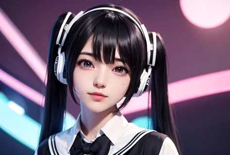 Hatsune Miku Cosplay、Black Hair、Short Hair、The hair is very short、Twin tails、I have headphones on、32 years old、Singing a song wi...
