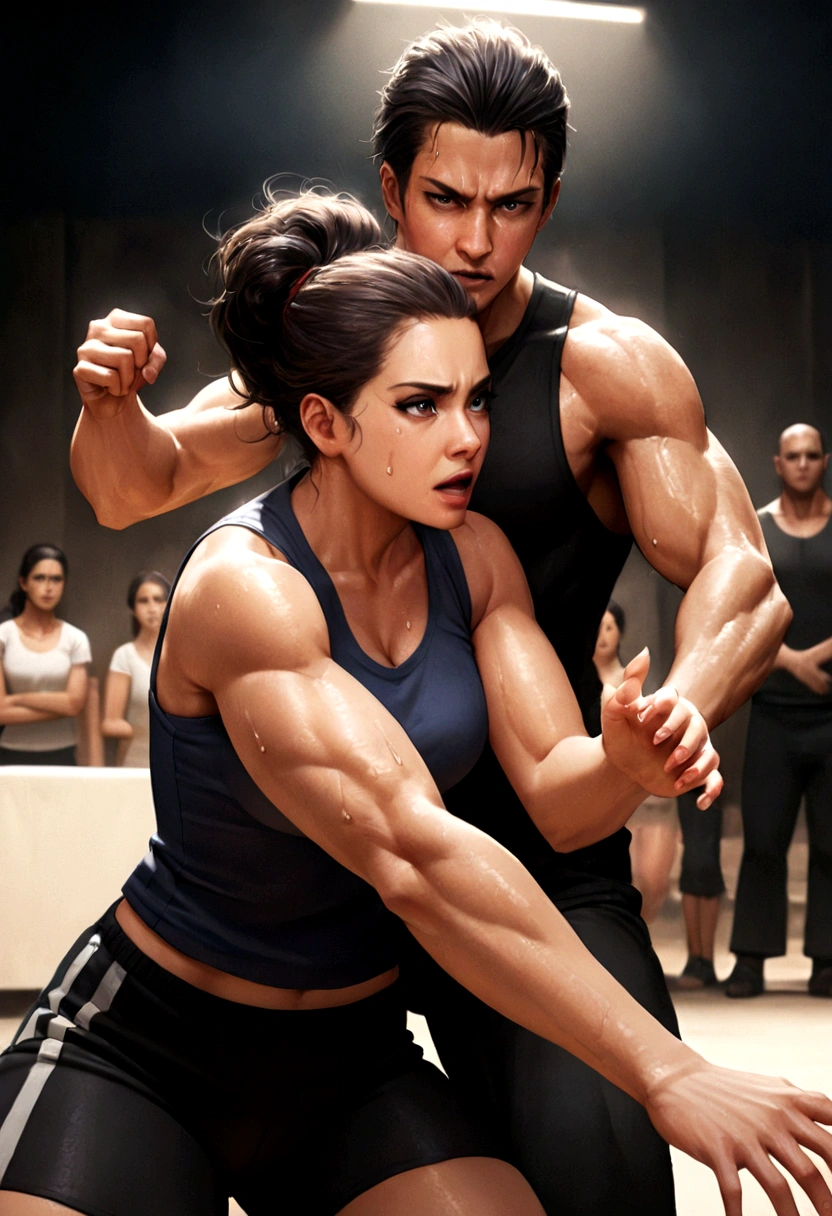 A photorealistic depiction of an intense and dynamic self-defense class. Capture the exact moment of a decisive sparring match between a Latina woman and a male opponent. The woman, characterized by her determined expression and mid-20s age, is in the midst of delivering a powerful, precise strike, showcasing her superior technique and strength. She should have distinct Latina features, including a strong, athletic build, dark hair pulled back, and confident eyes. The male opponent, slightly taller and muscular, is visibly taken aback, highlighting her victory in this exchange. The background should subtly depict a diverse group of participants of various ages, genders, and ethnicities, all watching intently, emphasizing the inclusive and supportive environment of the class. The overall tone should convey themes of empowerment, resilience, and triumph. Utilize dynamic lighting to accentuate the movement and energy of the scene, with sweat and motion blur adding to the realism. Textures should be highly detailed, from the fabric of their workout gear to the expressions on their faces, creating a truly immersive and photorealistic experience.