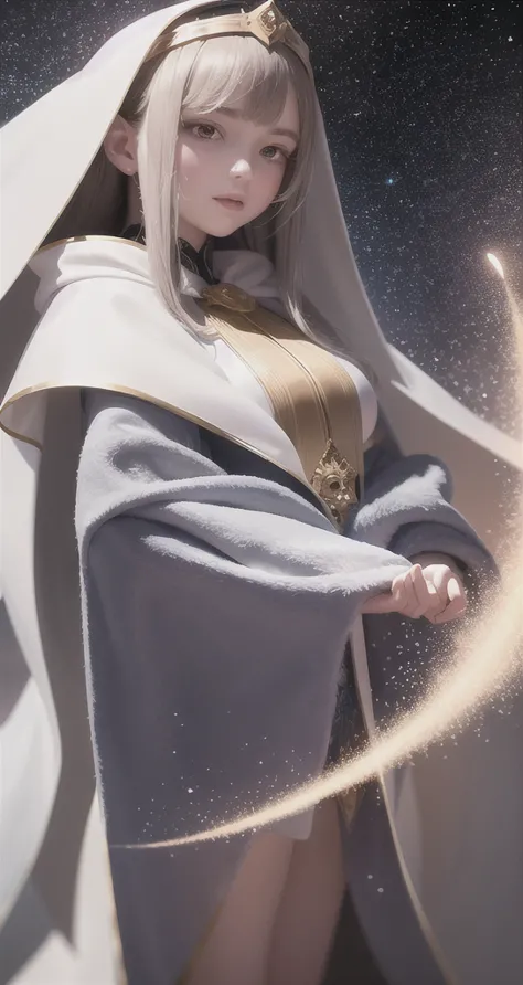 a detailed portrait of a young girl wearing a white cloak with golden lines, praying in a surreal starry sky with shooting stars...