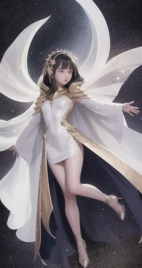 a detailed portrait of a young girl wearing a white cloak with golden lines, praying in a surreal starry sky with shooting stars...