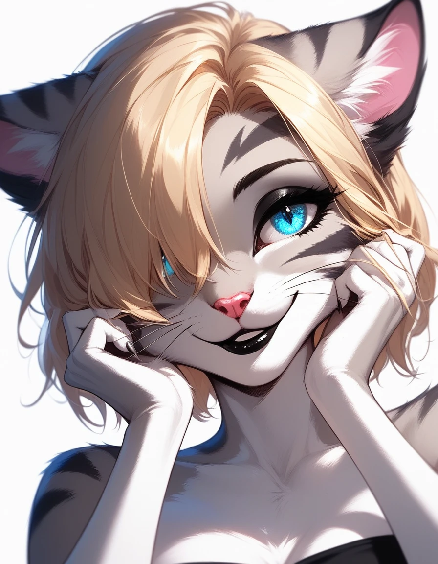 Solo, score_9,score_8_up,score_7_up, source_furry, (Kat, Anthro furry feline girl, adult female, blue eyes, blonde hair, hair covering one eye, :3, pink nose, black lipstick, wearing black bandeau, close up, portrait, seductive modeling pose, hands on her face