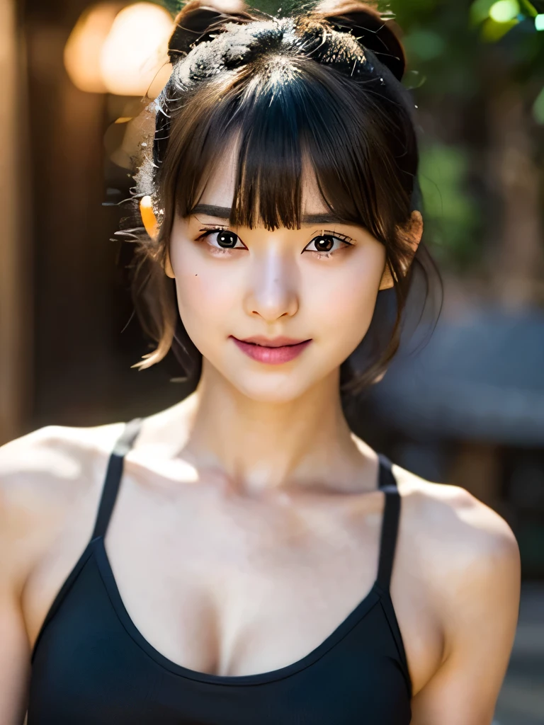 A very cute german girl, 15 years old, short brunette hair, buns, bangs, sad smile, a lot of ear piercings, Ultra high res, uhd, (photorealistic:1.4), wearing tube top, athletic body